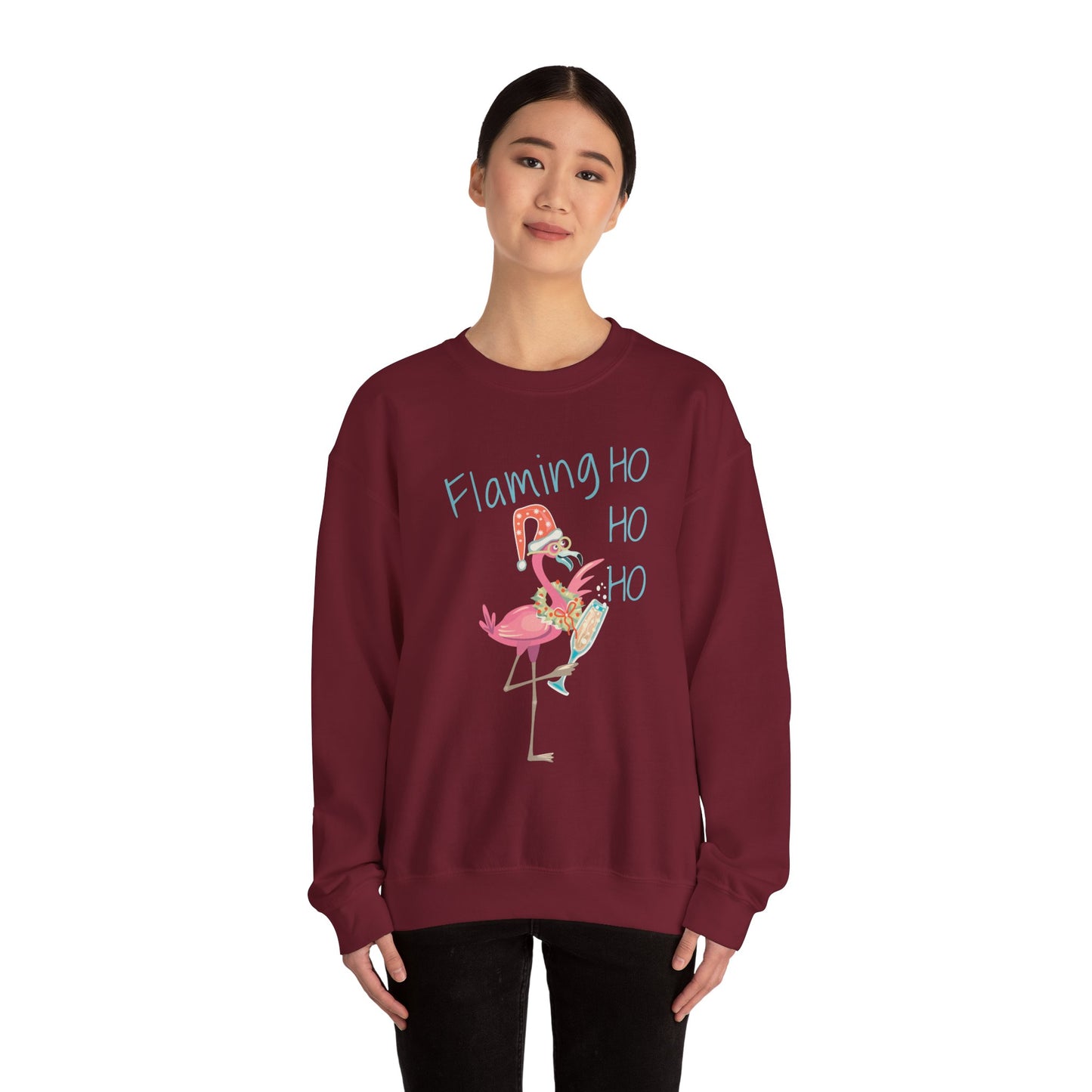 FLAMING-HO HO HO Holiday Crewneck | Festive Heavy Blend Christmas Sweatshirt for Women