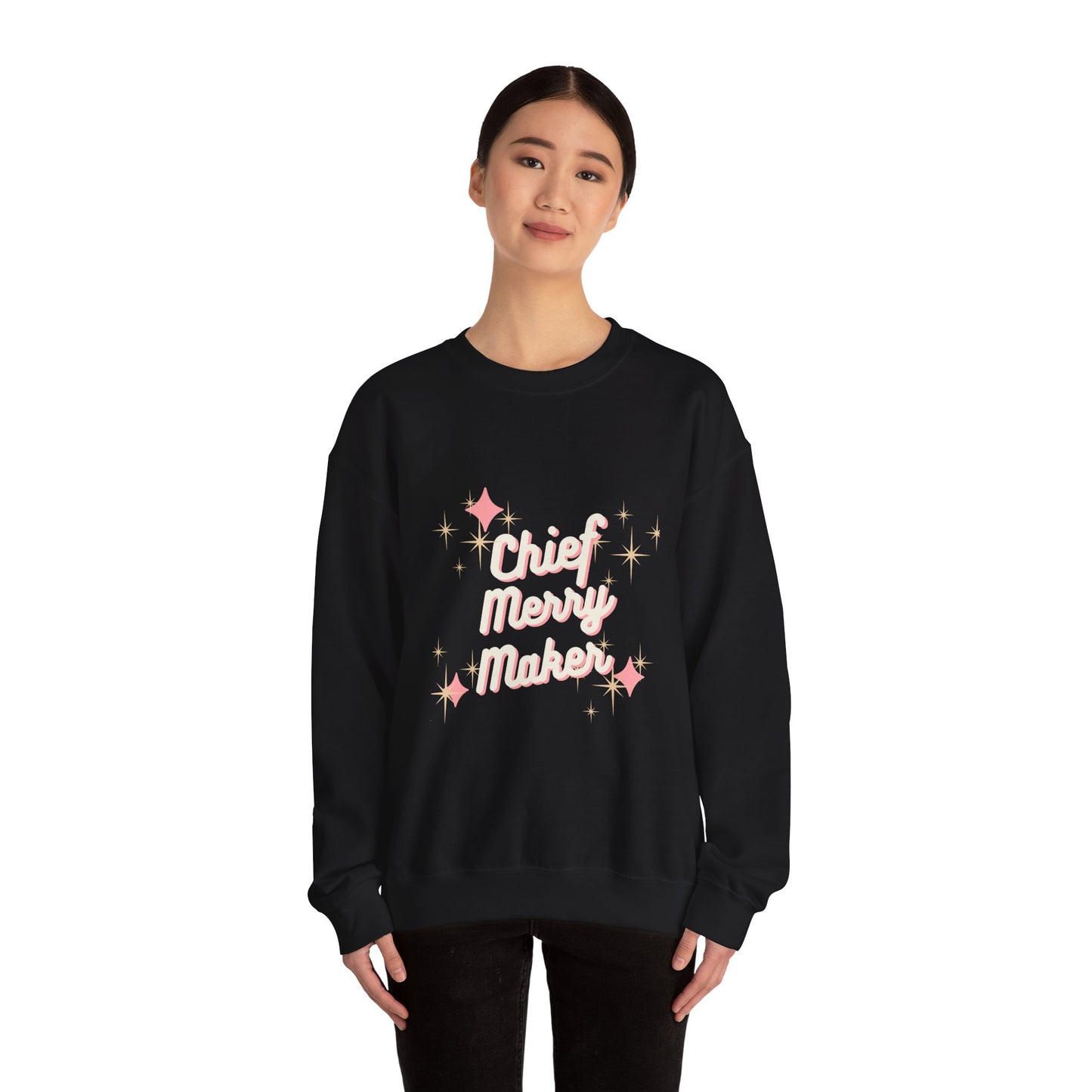 CHIEF MERRY MAKER Holiday Crewneck | Women's Festive Christmas Sweatshirt with Sparkle Graphics