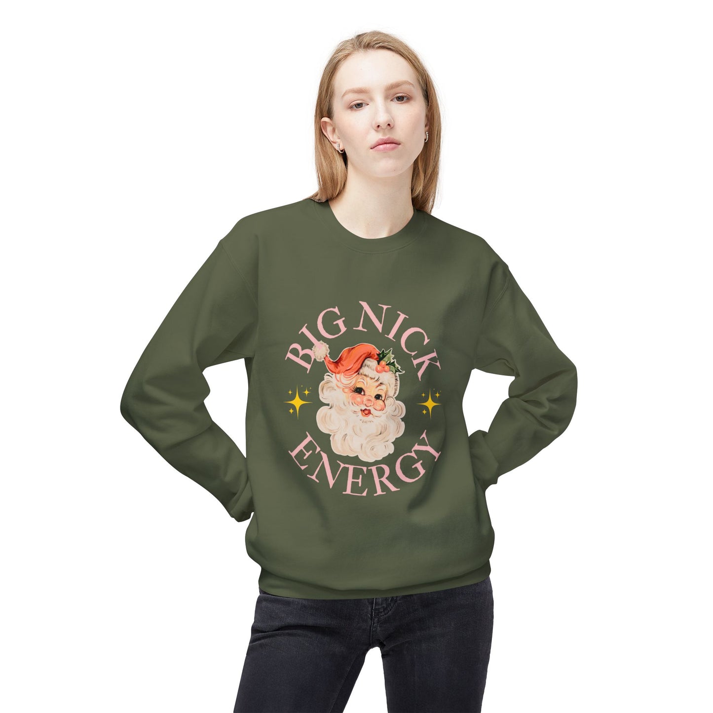 BIG NICK ENERGY Women's Christmas Crewneck | Funny Santa Icon Holiday Sweatshirt for Women