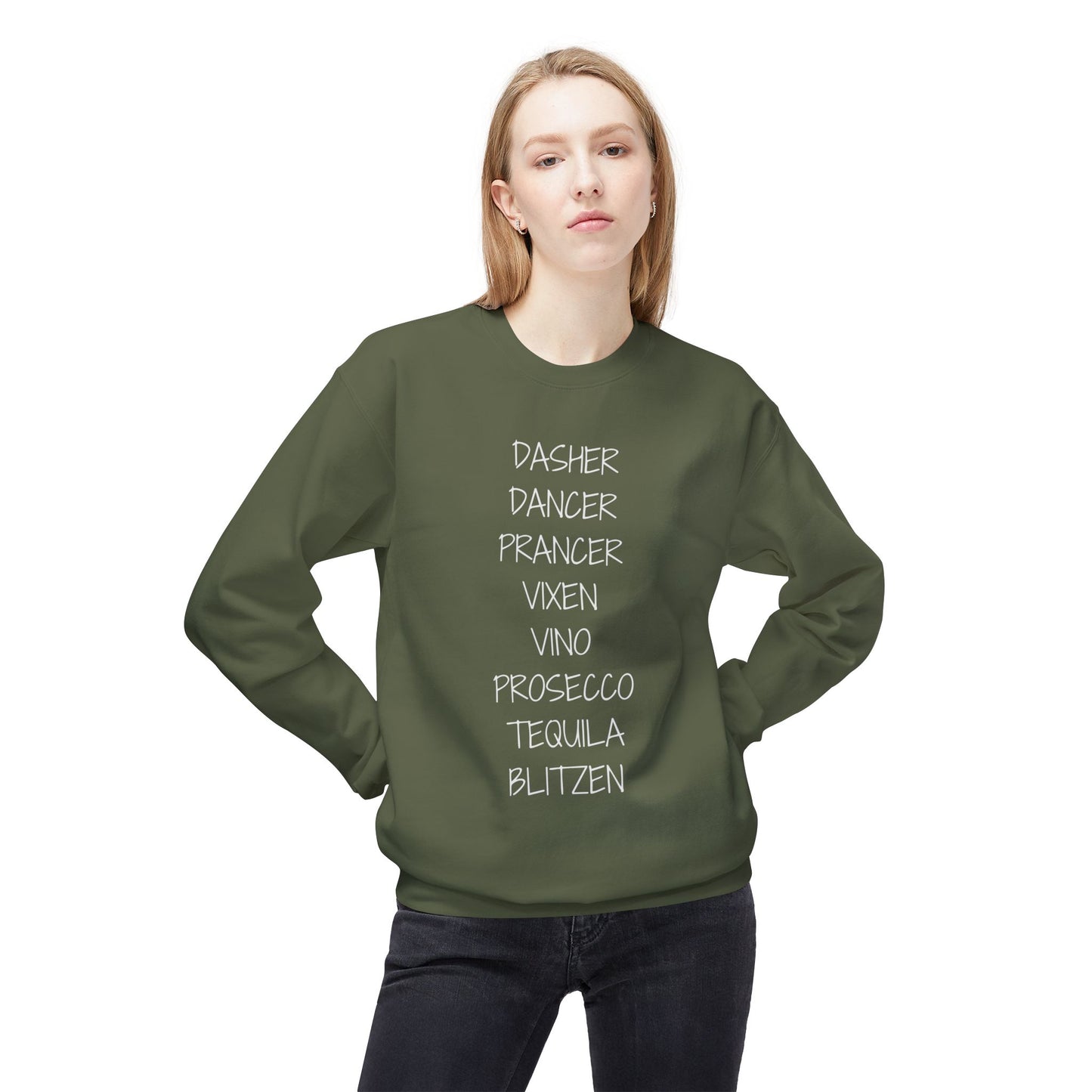 'Dasher Dancer Prancer Vixen Vino Prosecco Tequila Blitzen' Crewneck | Festive & Funny Christmas Sweatshirt