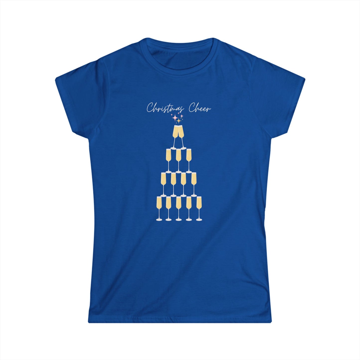 Christmas Cheer  Women Softstyle Tee - Fun Holiday Tee with Champagne Glass Design