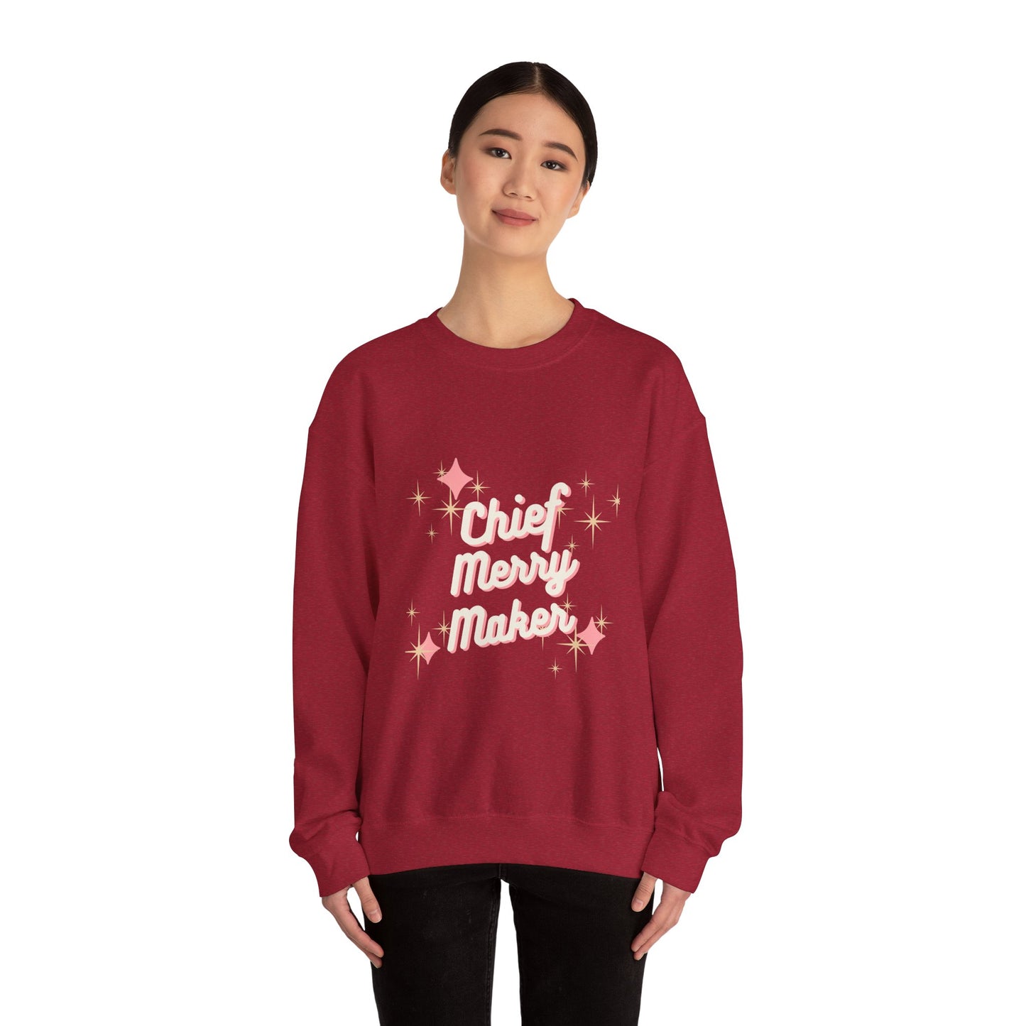 CHIEF MERRY MAKER Holiday Crewneck | Women's Festive Christmas Sweatshirt with Sparkle Graphics