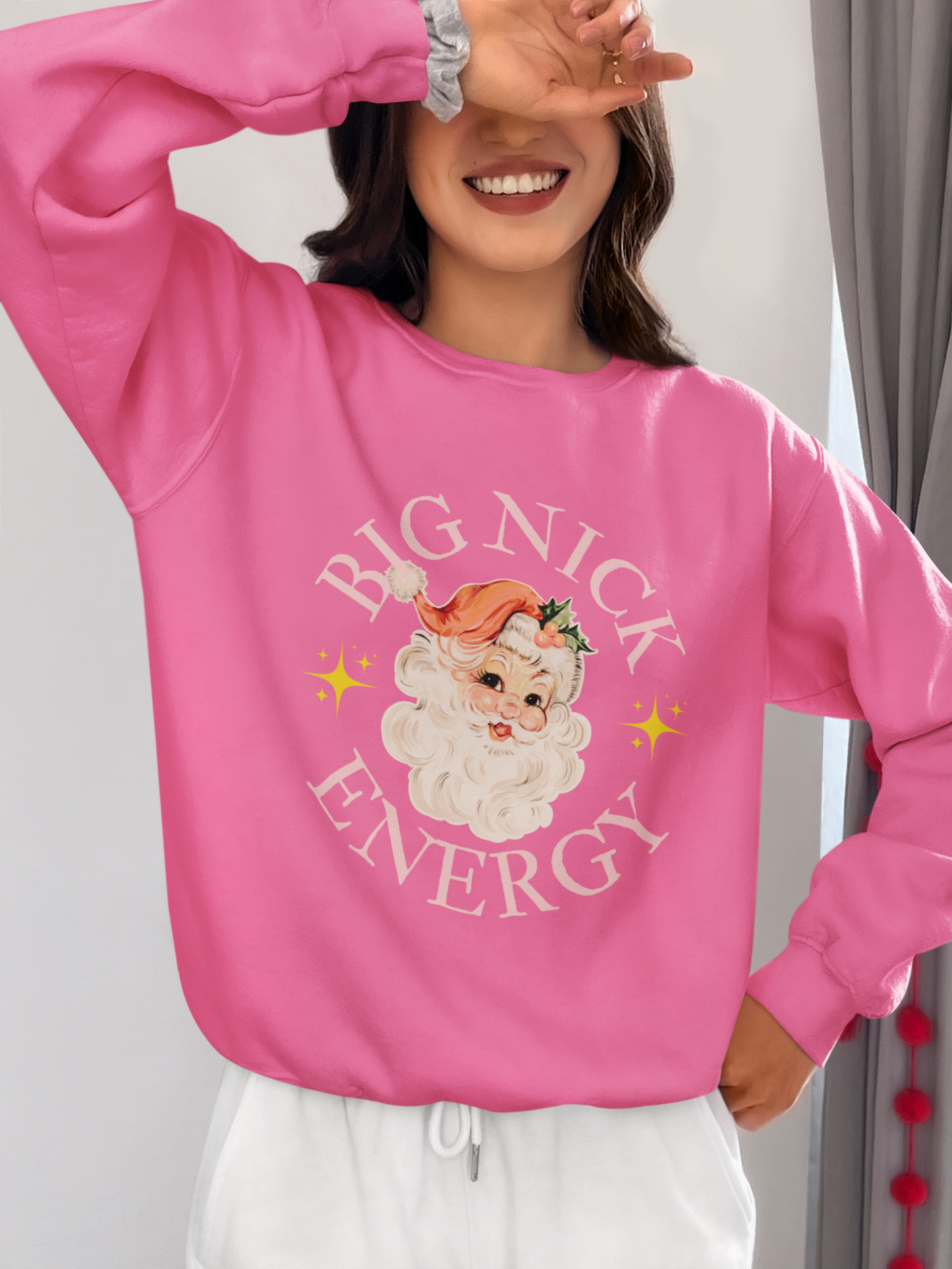 BIG NICK ENERGY Women's Christmas Crewneck | Funny Santa Icon Holiday Sweatshirt for Women