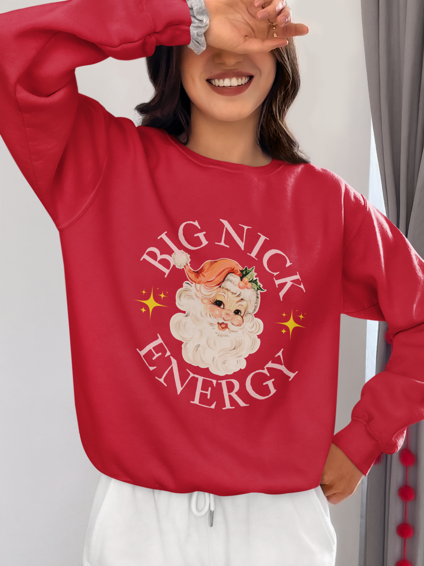 BIG NICK ENERGY Women's Christmas Crewneck | Funny Santa Icon Holiday Sweatshirt for Women