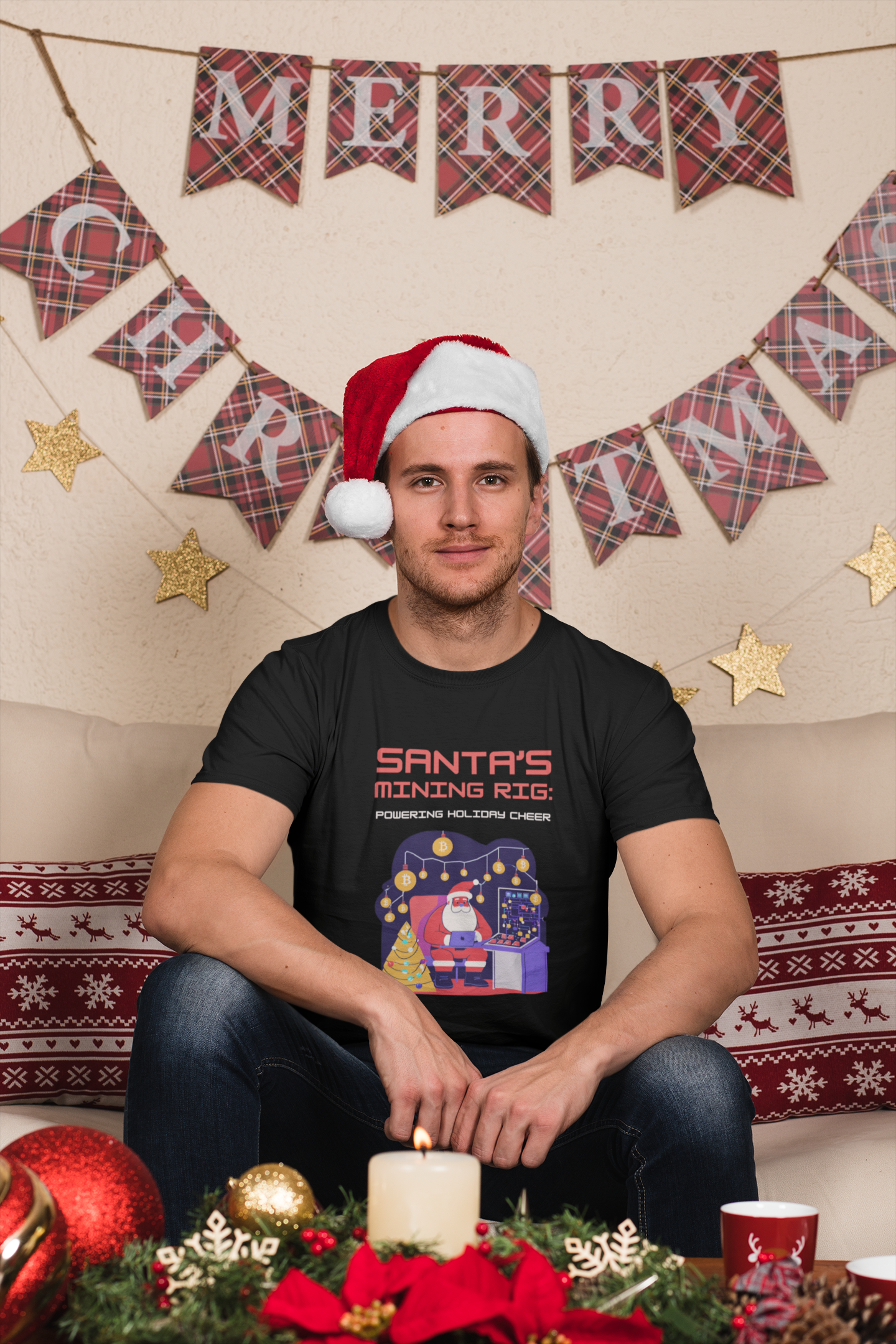 SANTA'S MINING RIG: POWERING HOLIDAY CHEER | Funny, Festive Bitcoin / Crypto Christmas T-Shirt for Men