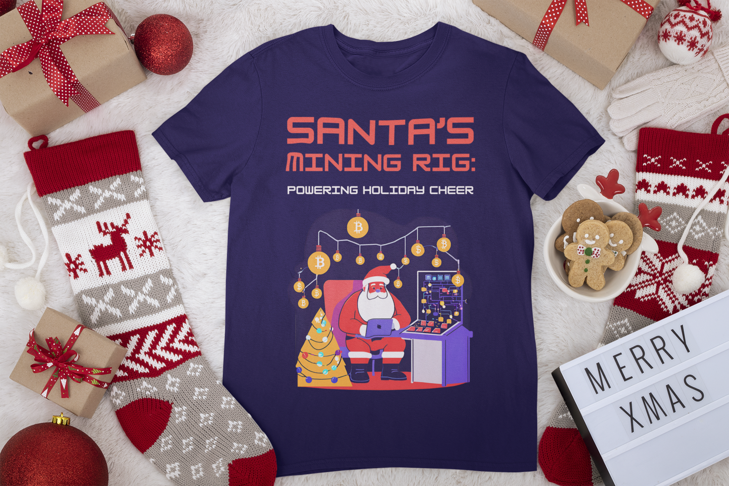 SANTA'S MINING RIG: POWERING HOLIDAY CHEER | Funny, Festive Bitcoin / Crypto Christmas T-Shirt for Men