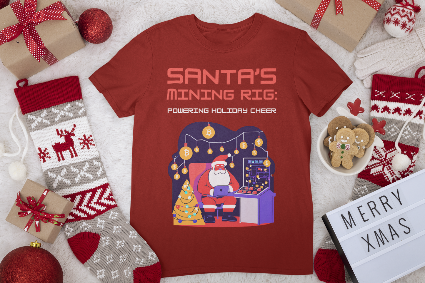 SANTA'S MINING RIG: POWERING HOLIDAY CHEER | Funny, Festive Bitcoin / Crypto Christmas T-Shirt for Men