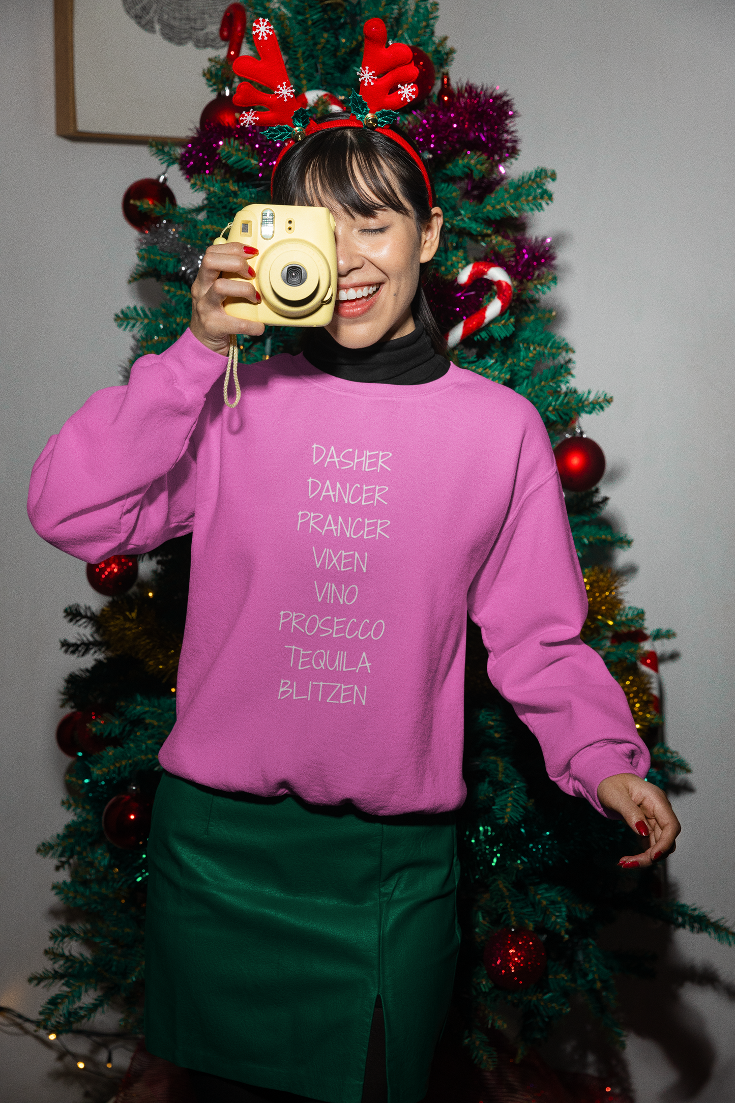 'Dasher Dancer Prancer Vixen Vino Prosecco Tequila Blitzen' Crewneck | Festive & Funny Christmas Sweatshirt