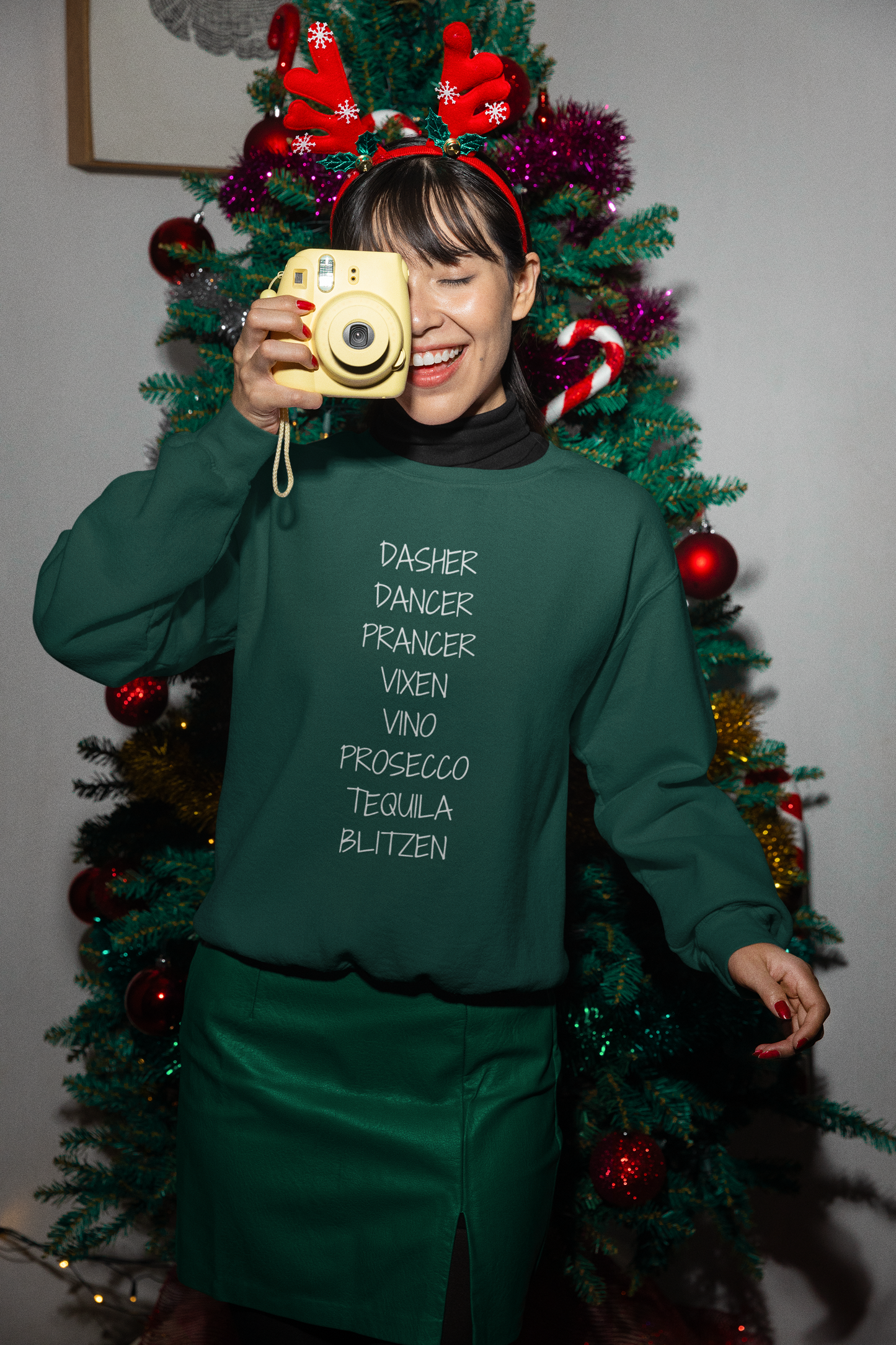 'Dasher Dancer Prancer Vixen Vino Prosecco Tequila Blitzen' Crewneck | Festive & Funny Christmas Sweatshirt