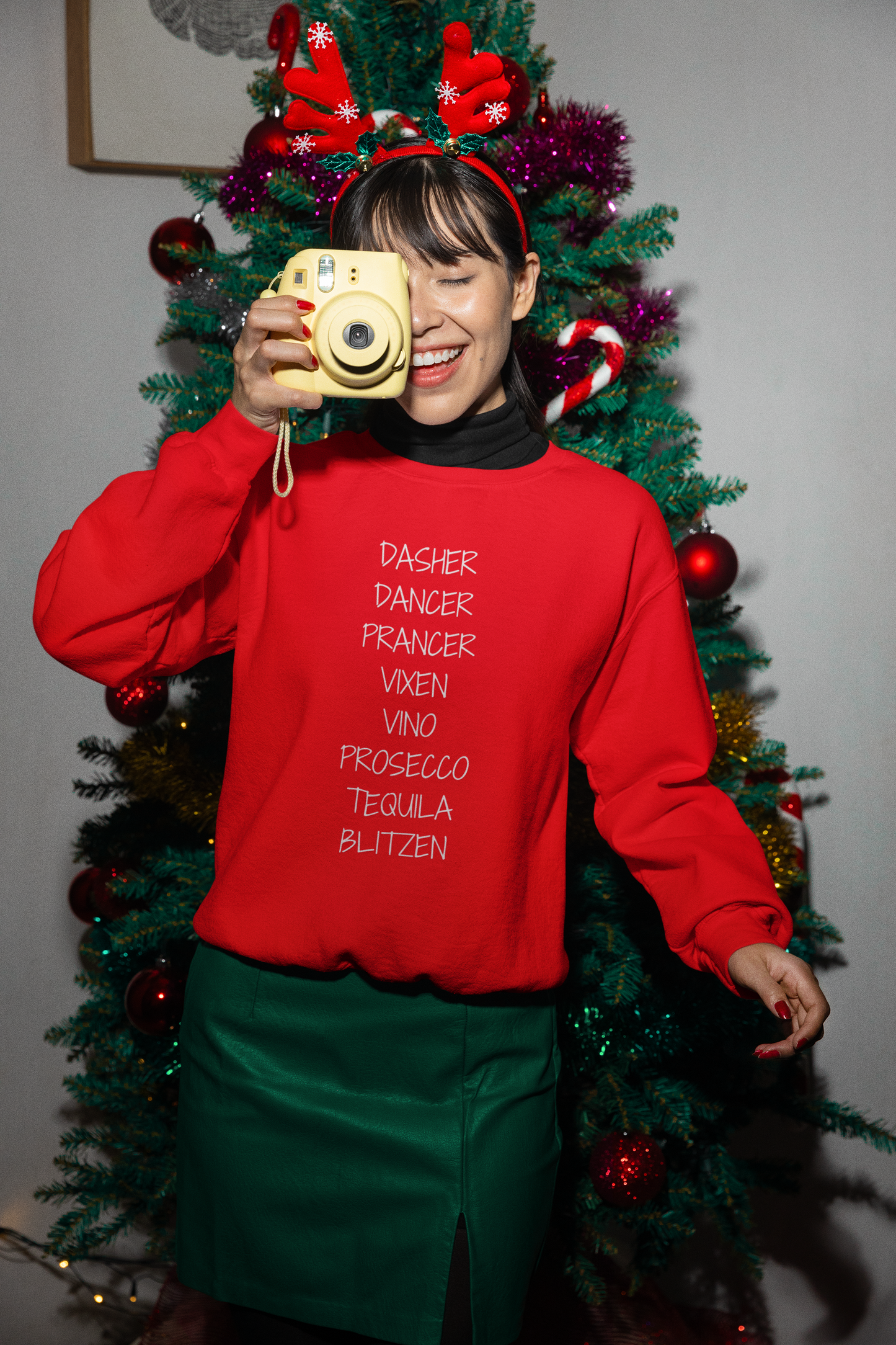 'Dasher Dancer Prancer Vixen Vino Prosecco Tequila Blitzen' Crewneck | Festive & Funny Christmas Sweatshirt