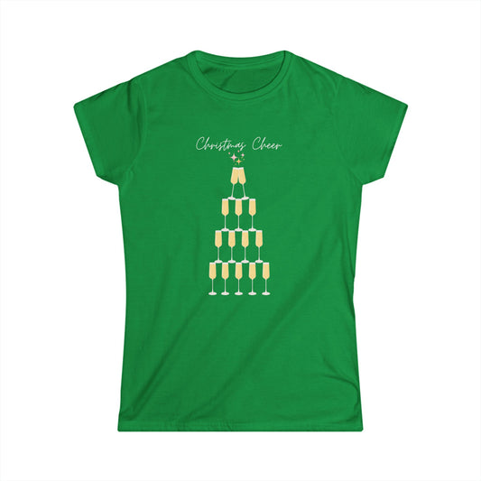 Christmas Cheer  Women Softstyle Tee - Fun Holiday Tee with Champagne Glass Design