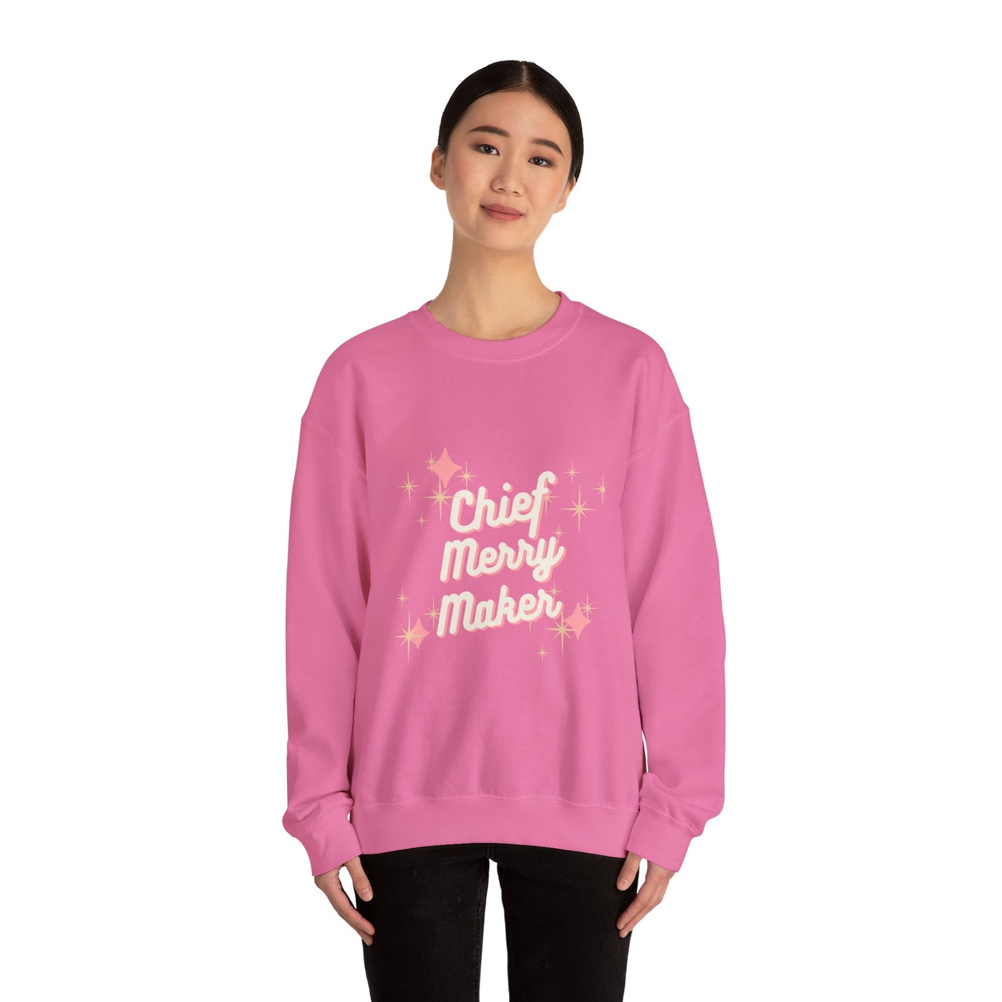 CHIEF MERRY MAKER Holiday Crewneck | Women's Festive Christmas Sweatshirt with Sparkle Graphics