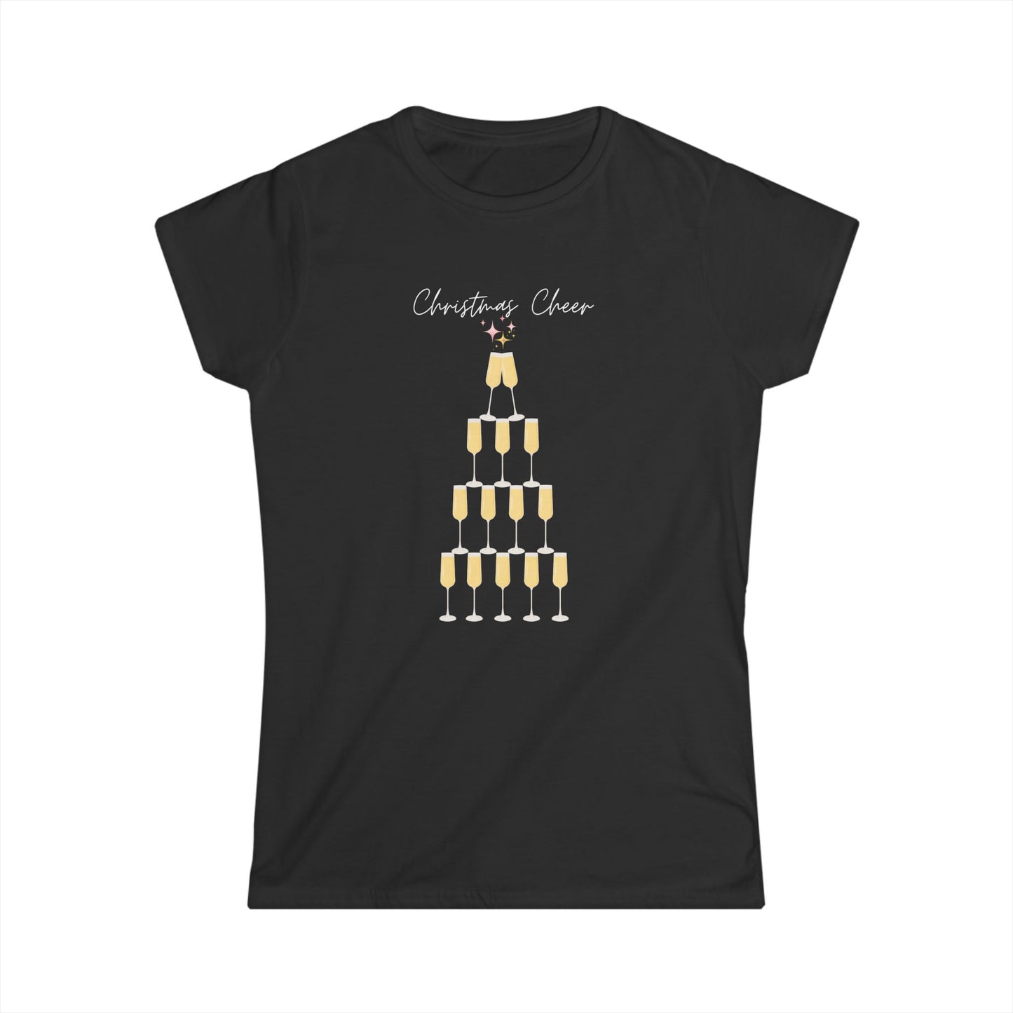 Christmas Cheer  Women Softstyle Tee - Fun Holiday Tee with Champagne Glass Design