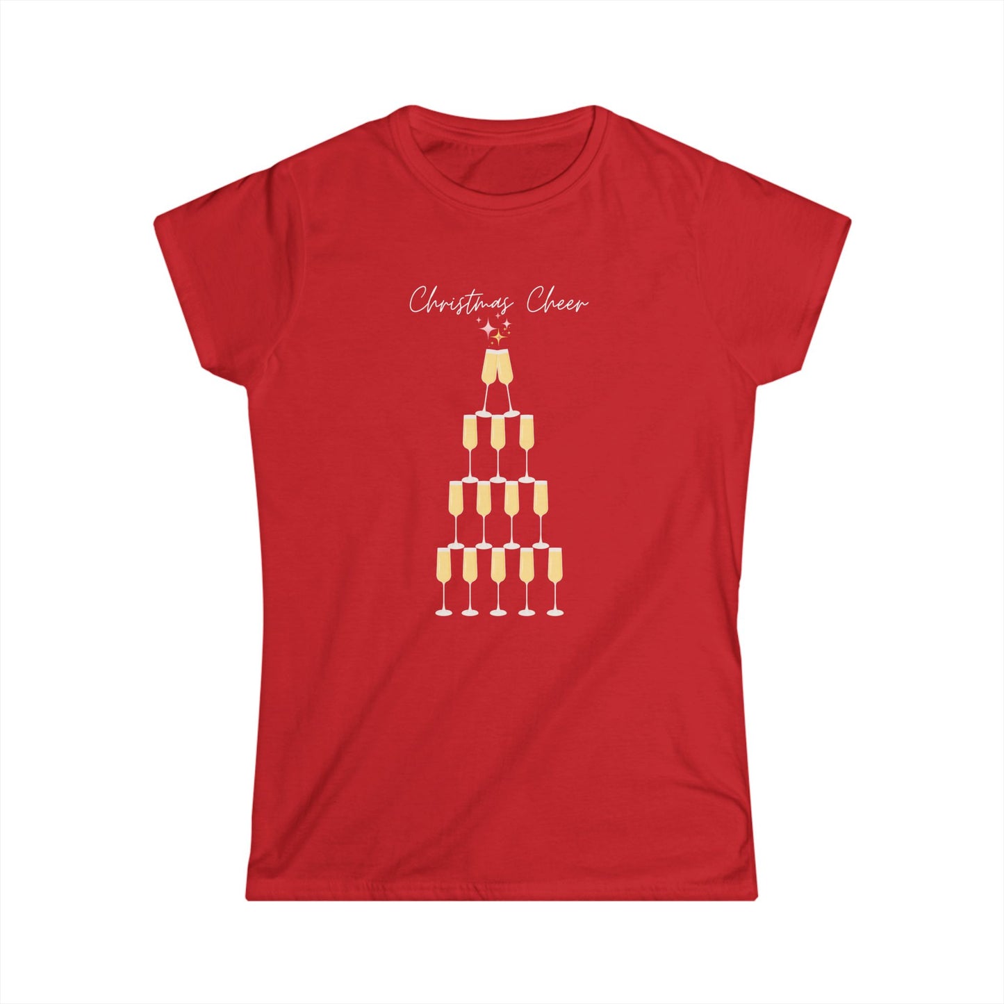 Christmas Cheer  Women Softstyle Tee - Fun Holiday Tee with Champagne Glass Design