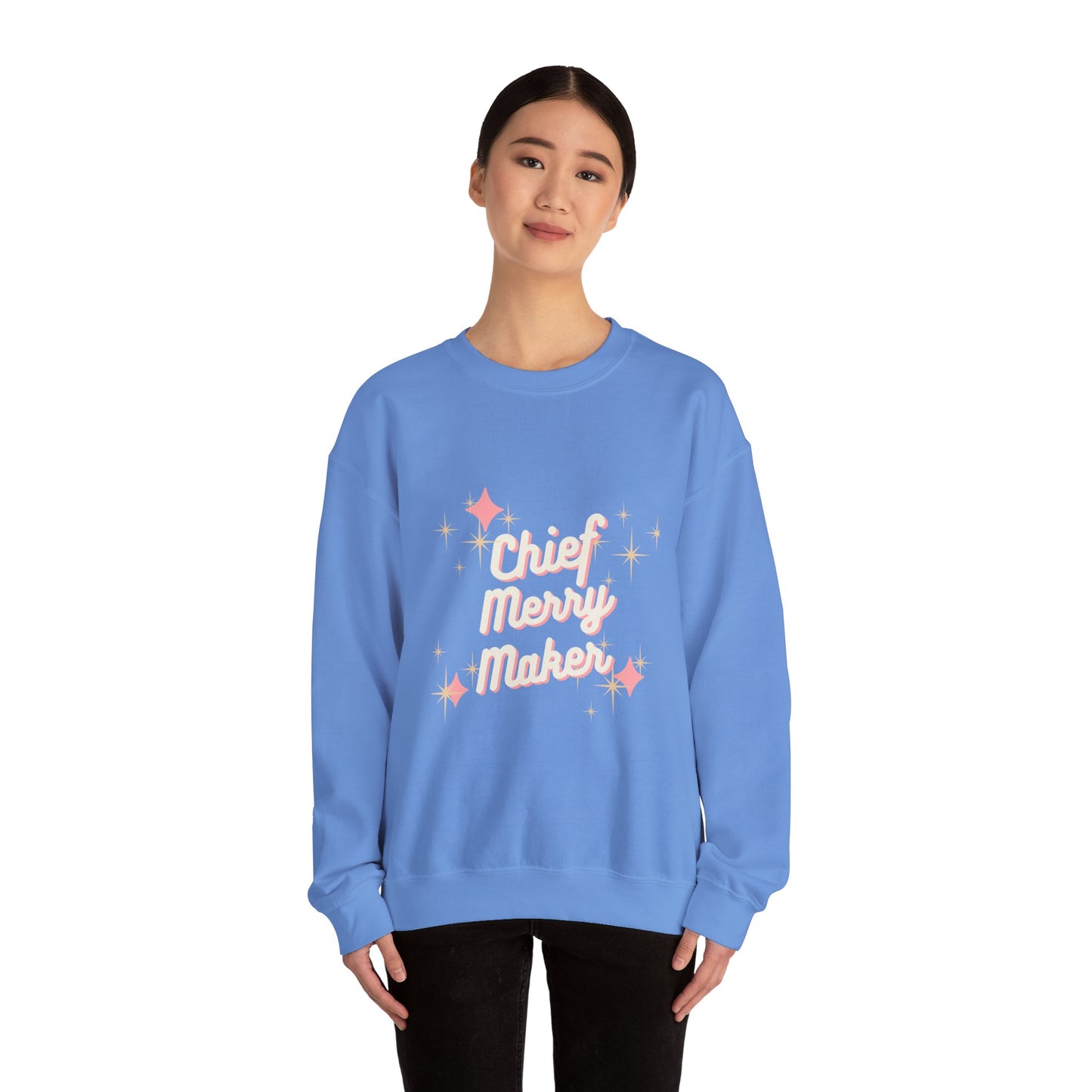 CHIEF MERRY MAKER Holiday Crewneck | Women's Festive Christmas Sweatshirt with Sparkle Graphics