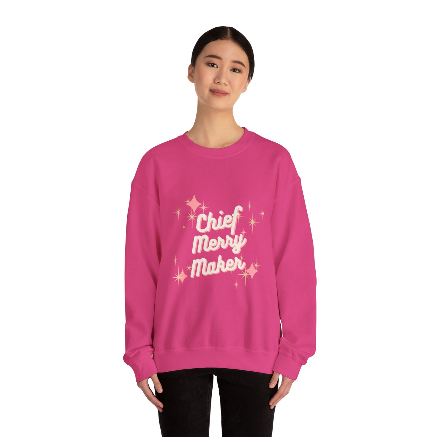 CHIEF MERRY MAKER Holiday Crewneck | Women's Festive Christmas Sweatshirt with Sparkle Graphics