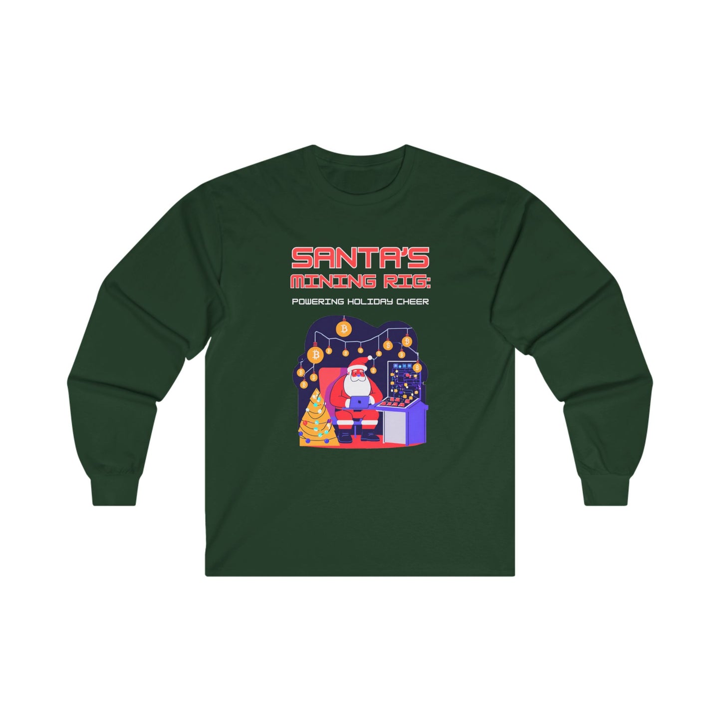 SANTA'S MINING RIG: POWERING HOLIDAY CHEER | Funny, Festive Bitcoin / Crypto Christmas Long Sleeve T-Shirt for Men