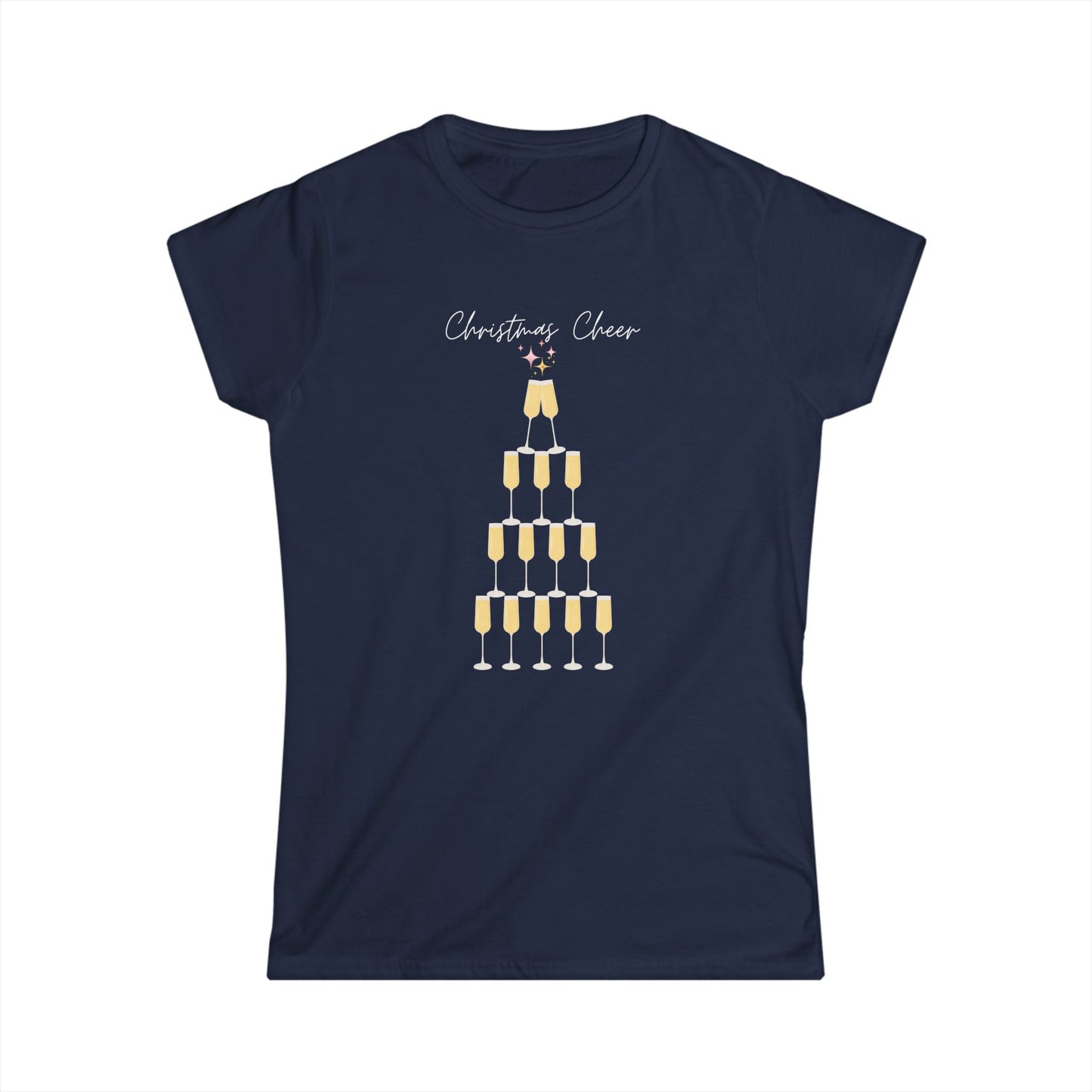 Christmas Cheer  Women Softstyle Tee - Fun Holiday Tee with Champagne Glass Design