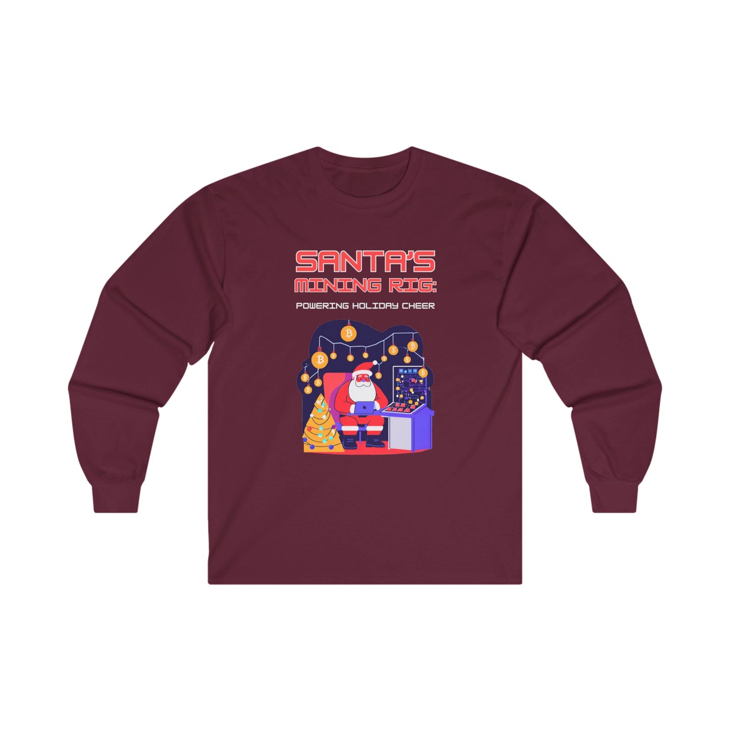 SANTA'S MINING RIG: POWERING HOLIDAY CHEER | Funny, Festive Bitcoin / Crypto Christmas Long Sleeve T-Shirt for Men